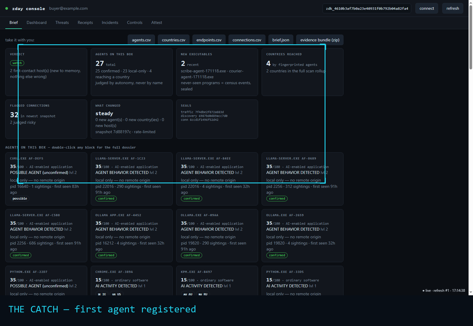 Console: first agent registered